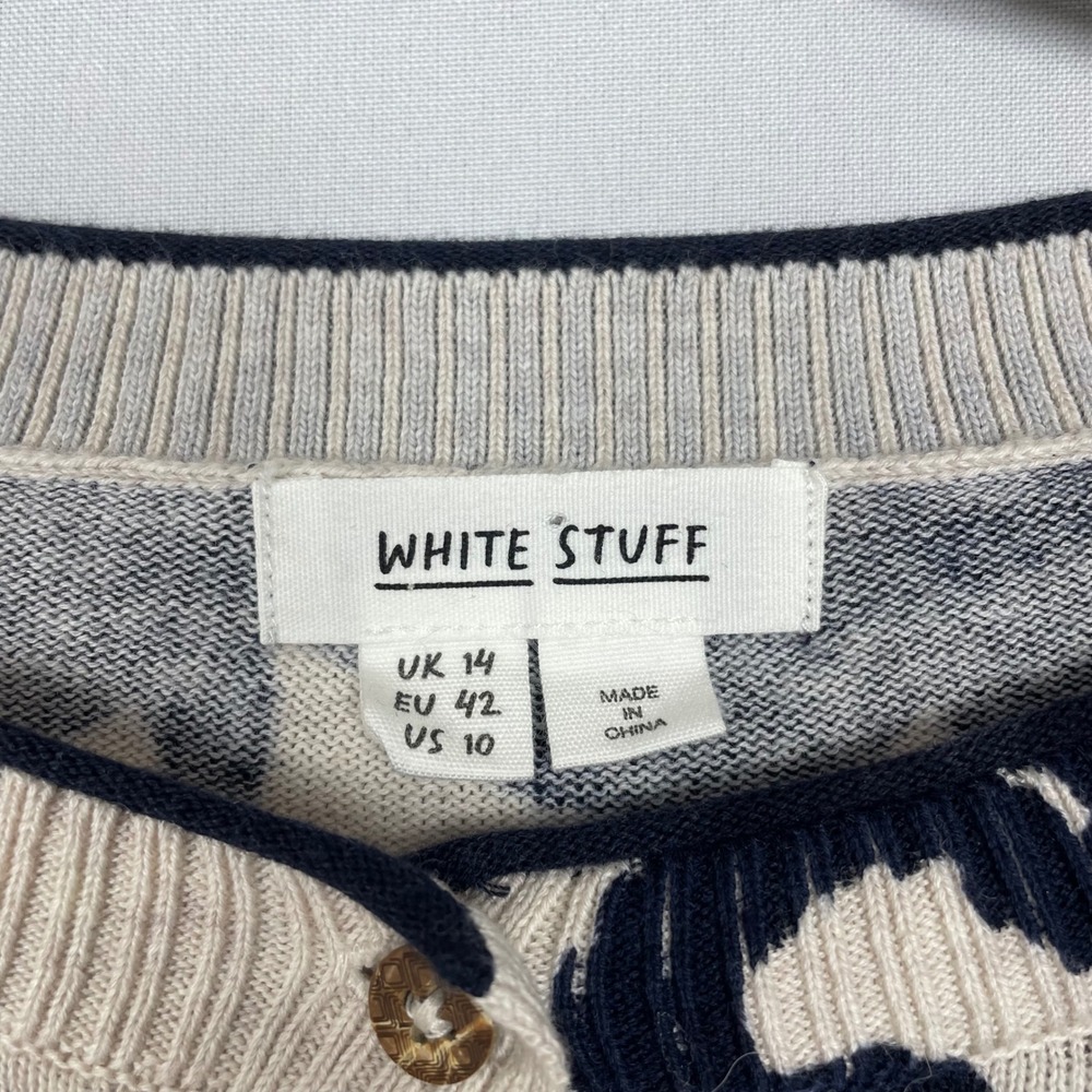 White Stuff Floral Organic Cotton Cardigan Navy Blue Cream US 10 UK 14 - Picture 3 of 10